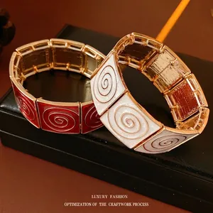 Vintage Square Patchwork Enamel Alloy Bracelet Retro Spiral Texture Wide Elastic Bangle Jewelry For Women
