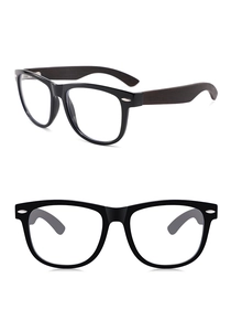 Detail view of oval black frame sunglasses with natural dark brown wood temples