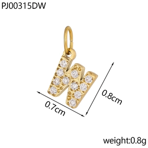 Macro detail of gold letter W pendant with micro pavé zircons and dimensions 0.8cm