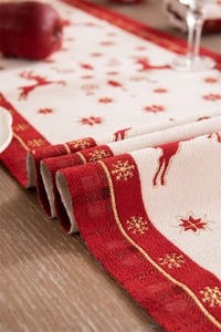 Detail of Christmas table runner with jacquard reindeer and golden snowflake patterns