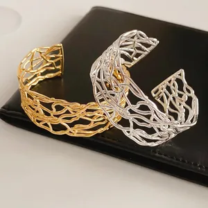 Bracelet Jonc Ouvert Tissé Évidé Pour Femmes Bracelet En Cuivre À Lignes Croisées Irrégulières Plaqué Or Argent