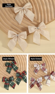 Detailed set of Christmas burlap bows in red green plaid and natural linen patterns