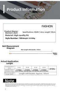 Size guide for women skinny PU leather belt with measurements and waist conversion chart
