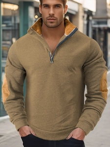 Khaki Herren-Sweatshirt mit halbem Reißverschluss und Ellbogen-Aufnähern aus Wildleder-Imitat