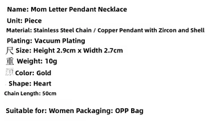 Detailed specs for heart mom necklace made of copper with zircon and shell gold finish