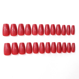Glossy cherry red long coffin press-on nails set with 24 pieces in various sizes