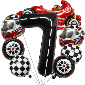 Race thema verjaardag ballonnen set met zwarte weg textuur nummer 7 en rode auto ballonnen