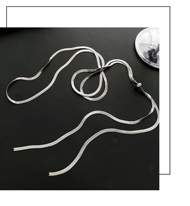 Detailed view of silver snake bone chain featuring fine weaving and glossy metallic finish