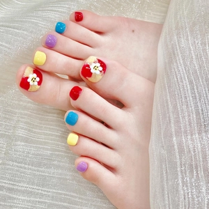 Handmade white and colorful floral toenail press-ons with cute smiley face nail art