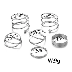 Detailed view of 6-piece silver alloy ring set with dimensions and weight specs