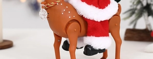 Detail of mechanical joints on electric Santa reindeer toy with red fabric and brown fur