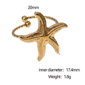 Detail of starfish open ring with dimensions 20mm width and 1.8g weight in gold finish