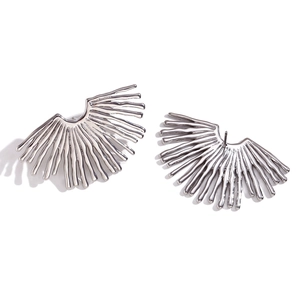 Silver radiant fan-shaped stainless steel stud earrings with liquid metal texture design