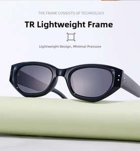 Detail of lightweight TR frames on black cat-eye sunglasses with silver rivet accents