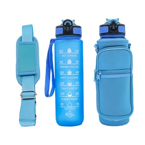Blue water bottle with time markings and SBR neoprene protective sleeve with shoulder strap