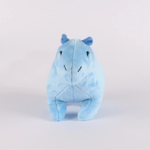 Close-up of a blue plush capybara toy with detailed soft fur and embroidered facial features