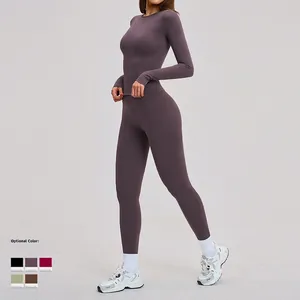 Women's 2-piece yoga set with long sleeve crop top and high waist leggings in purple