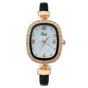 Montre à quartz pour femme avec boîtier ovale or rose, lunette sertie et bracelet cuir