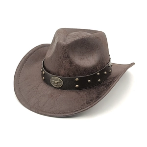 Chapeau De Cowboy Western Rétro Suédine Large Bord Avec Badge Tête De Taureau Ceinture En Cuir À Rivets Vintage Chapeau De Soleil Hommes Femmes