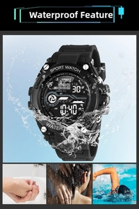Black digital sports watch detail showing water resistance for hand washing and swimming
