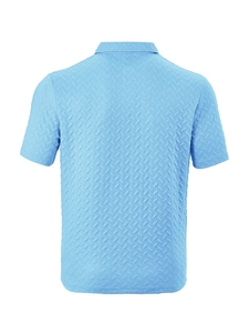 Rear view of light blue men's polo shirt featuring a textured knit herringbone pattern