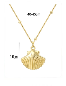 Detail of gold shell pendant necklace with bead chain showing size dimensions 40-45cm