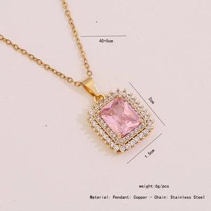 Detailed view of pink zircon square pendant with measurements and material specs