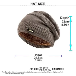 Size guide for men's winter knit beanie showing 22cm depth and adjustable 54-60cm headband