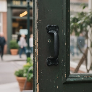 Vintage black cast iron door handle with matte texture on dark green wood door