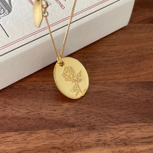 925 silver gold rose flower pendant necklace on an oval embossed medallion plate