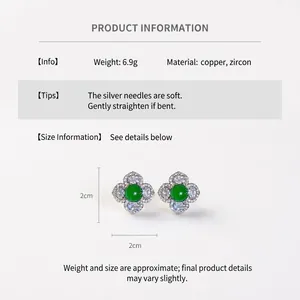 Detail view of flower stud earrings with green zircon heart and silver plating dimensions