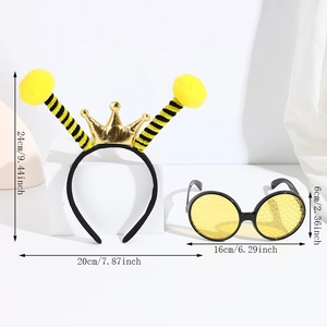 Detailed view of bee headband and honeycomb glasses set with precise size measurements