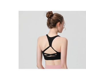 Détail du soutien-gorge de sport noir avec bretelles croisées et dos nageur de yoga