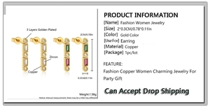 Detailed size specifications of the 2x0.3cm rectangular champagne gold zircon ear studs