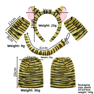 Leopard print costume set including plush ears, tail, and paw gloves with detailed dimensions