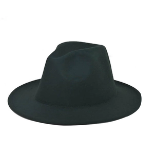 Detail of classic black wool felt fedora with a flat brim and metal buckle leather belt