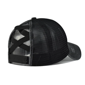Detail of cross elastic straps on black mesh ponytail baseball cap for women