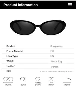 Detailed size chart for retro oval sunglasses showing frame width and lens dimensions