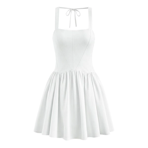 White Mini Dress Square Neck Backless Tie Back Pleated High Waist Sleeveless Summer For Women Sexy Sweet