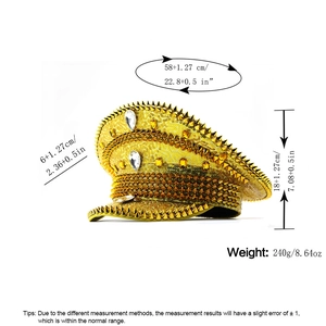Golden sequined captain hat with metallic studs and rhinestones for festivals and parties