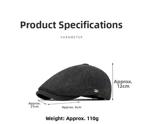 Detail view of dark grey wool newsboy cap with precise product dimensions and size specs