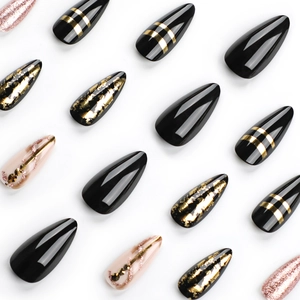 Stiletto gold foil black and pink glitter press-on nails with shiny finish