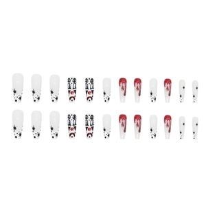 Halloween long ballet press-on nails with red blood drips and scary clown design