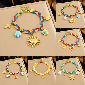 Bohemian Hand Woven Colorful Rope Bracelet Gold Plated Alloy Charm Flower Heart Artificial Pearl Bead Adjustable Summer Jewelry