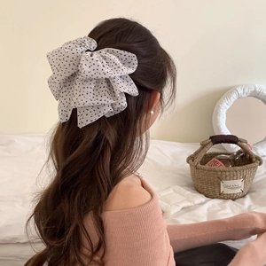 French vintage polka dot oversized chiffon bow hair clip for long hair styling