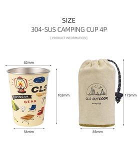 Detailed size specifications for 304 stainless steel camping cups and storage bag set