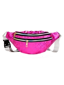 Sac banane holographique rose avec plusieurs compartiments zippés et bandoulière