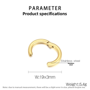Technical view of 19x3mm golden stainless steel clip-on hoop earring weighing 5.4g