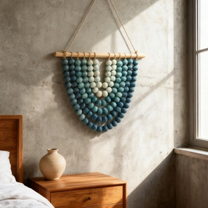 Boho Wanddekoration Blau Farbverlauf Kiefernholz Perlen Wandteppich Nordischer Stil Handgefertigt U-Form Kunst Ornament