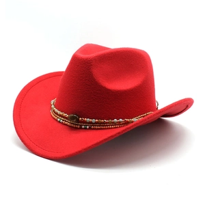 Red wool felt western cowboy hat with colorful beaded band on a white background